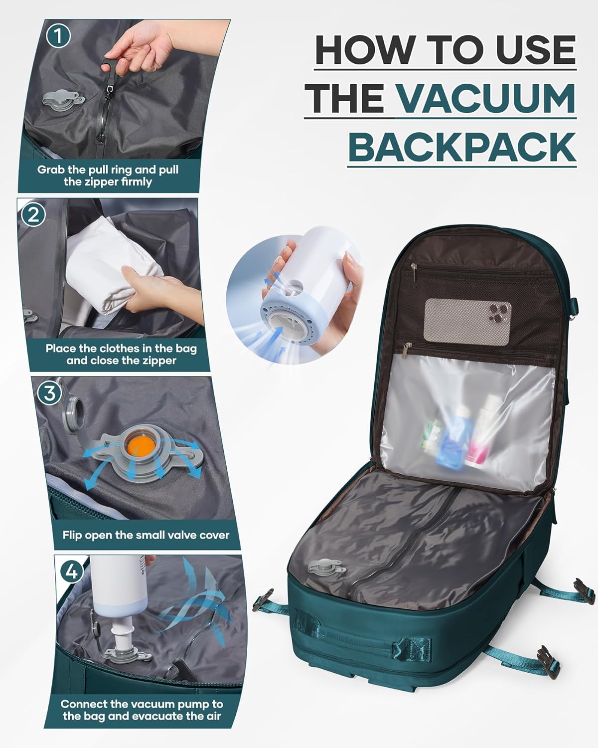 Vacuum Backpack Travel with Pump, Expandable Travel Backpack with Vacuum System, Vacuum Compression Bags Personal Item Carry On Suitcase Luggage Flight Approved Backpacks for Women Men, DarkBlue