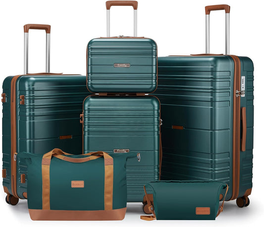 Luggage Sets 6 Piece with Spinner Wheels, Lightweight Hardshell Suitcase Set with TSA Lock, Carry On Checked Luggage with Travel Bag & Toiletry Bag(Dark Green, 6 piece sets（14/20/24/28/DB/TB）)