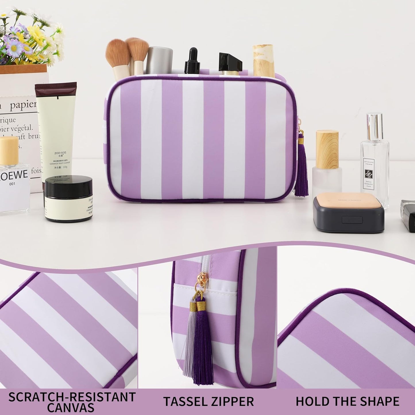 Stripe Makeup Bag Travel Cosmetic Bag Organizer Tassel Toiletry Bag Large Canvas Zipper Pouch and Accessories Storage Bag for Women