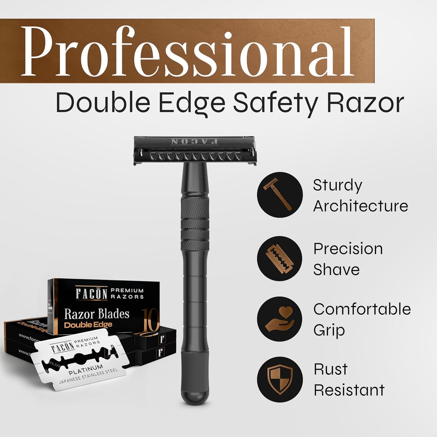Facón Double Edge Safety Razor for Men & Women - Butterfly Open Stainless Steel Razor w/ 50 Platinum Double Edge Safety Razor Blades, Single Blade Razor for Smooth Close Shave, Reusable & Eco-Friendly