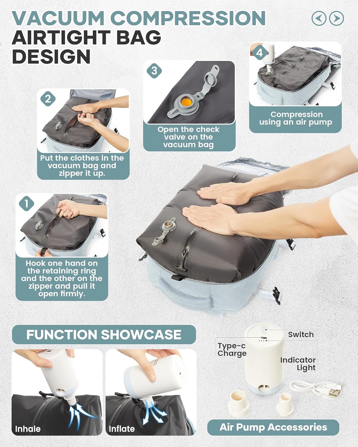 Travel Vacuum Storage Backpack with Air Pump Vacuum Seal Compression Space Saver Bags Clothing Vacpack 18x14x8 inches Travel Bag Carry on Personal item Laptop Work Backpacks Women LightBlue