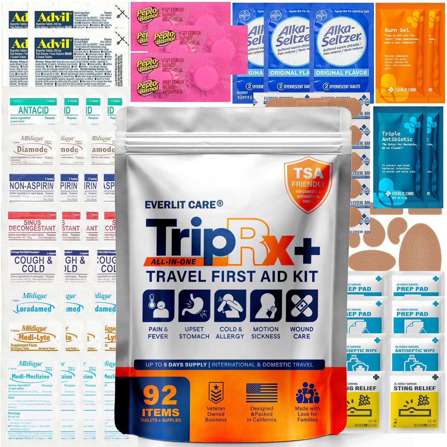 EVERLIT CARE Travel Medicine All in One First Aid Kit I OTC Meds + Medical Supplies I TSA Compliant