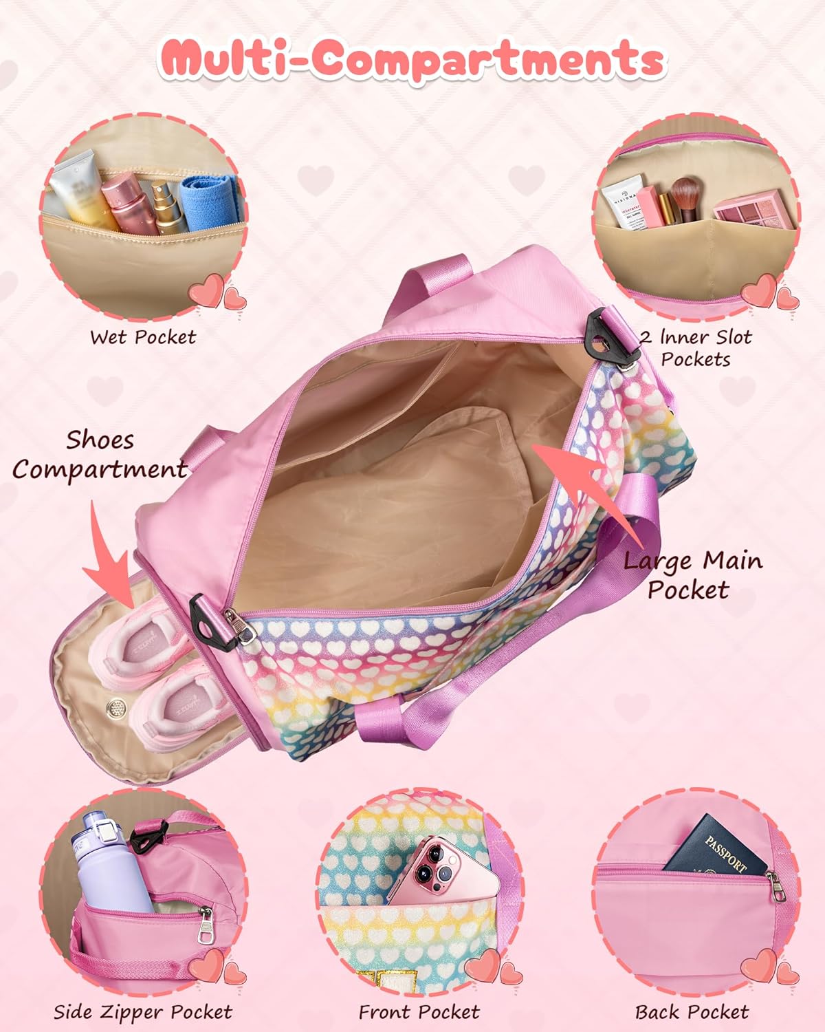 Christmas Gifts for Grandkids, Girls Travel Duffel Bag, Kids Initial Overnight Bags with Shoe Compartment, Personalized Weekender Bag with Makeup Pouch, Birthday Gift for Girl (Letter K)
