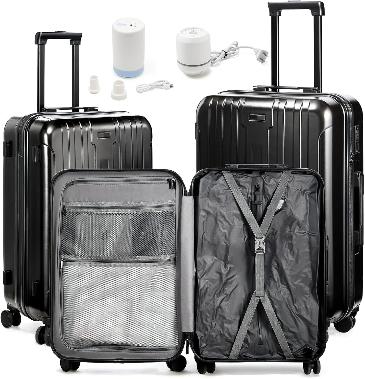 Vacuum Travel Luggage Sets 3 Piece,Air Vacuum Seal Suitcase With pump,Spinner Wheel, Hardside Suitcase Set with TSA Lock, Waterproof Travel Luggage for Men and Women with Vacuum System, Black