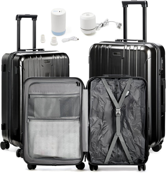 Vacuum Travel Luggage Sets 3 Piece,Air Vacuum Seal Suitcase With pump,Spinner Wheel, Hardside Suitcase Set with TSA Lock, Waterproof Travel Luggage for Men and Women with Vacuum System, Black