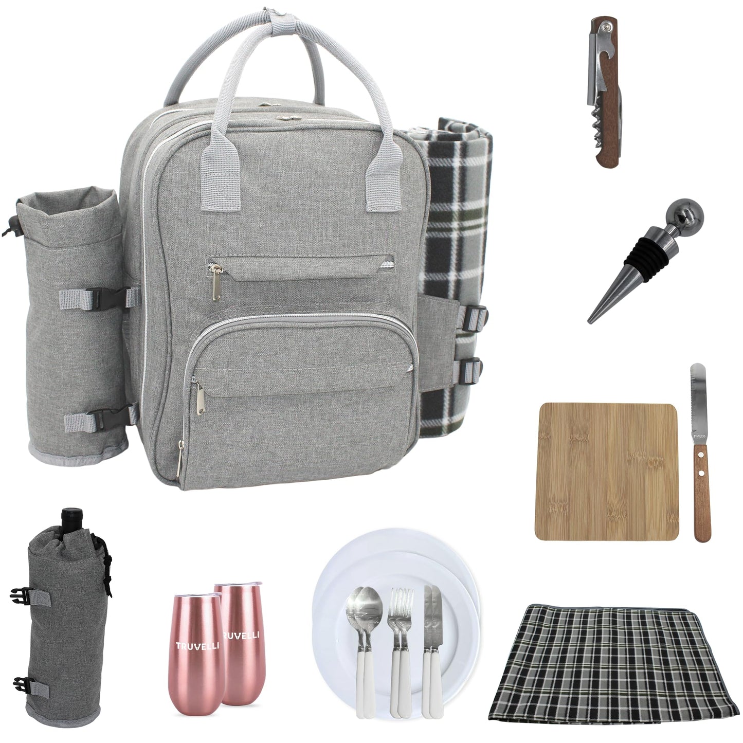 Picnic Backpack for 2, Insulated Basket Set with Blanket, Gray, 12-in-1