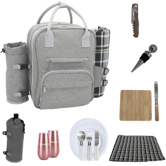 Picnic Backpack for 2, Insulated Basket Set with Blanket, Gray, 12-in-1