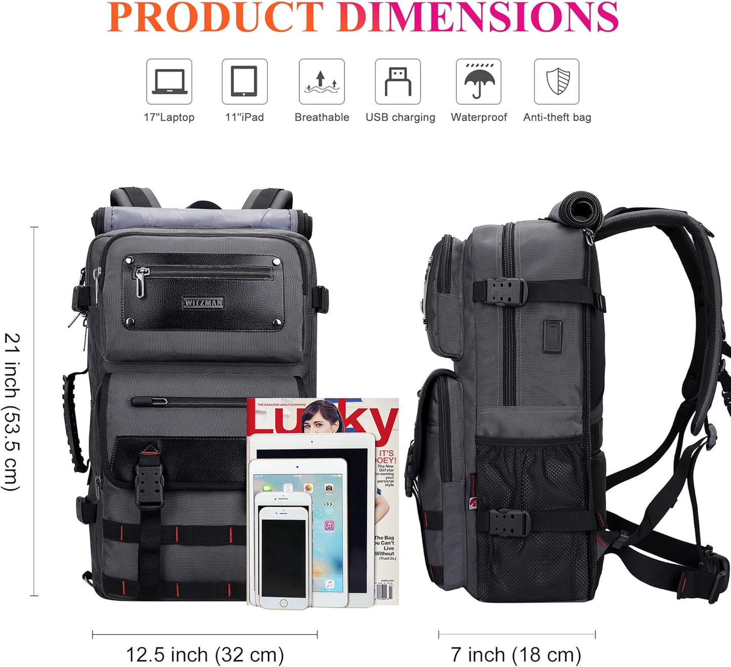 WITZMAN Carry On Travel Backpack for Men Duffle Bags Fit 17 Inch Laptop Airline Approved Laptop