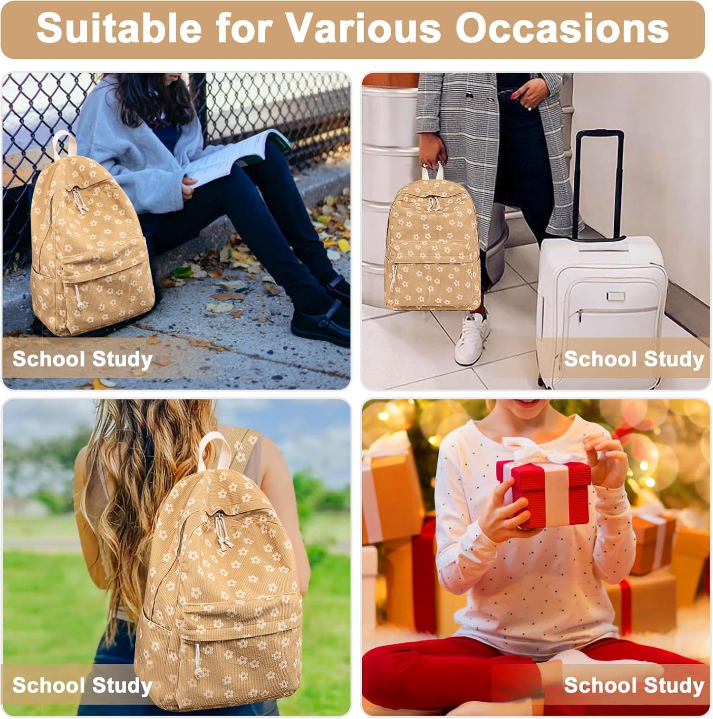 School Backpack for Teen Girls Bookbags Elementary High School Corduroy Laptop Bags Women Travel Daypacks