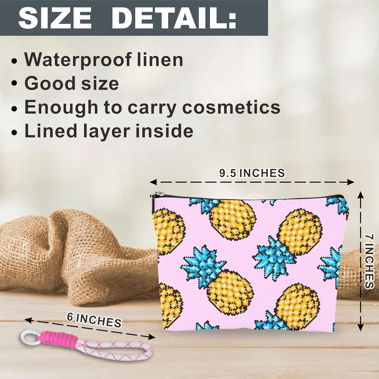Pink Make Up Bag, Cosmetic Bag With Hand Strap- Pixel Pineapple - Lined Toiletry Bag For Woman - Travel Pouch, Organizer With Zipper, Women Essentials & Accessories - A11