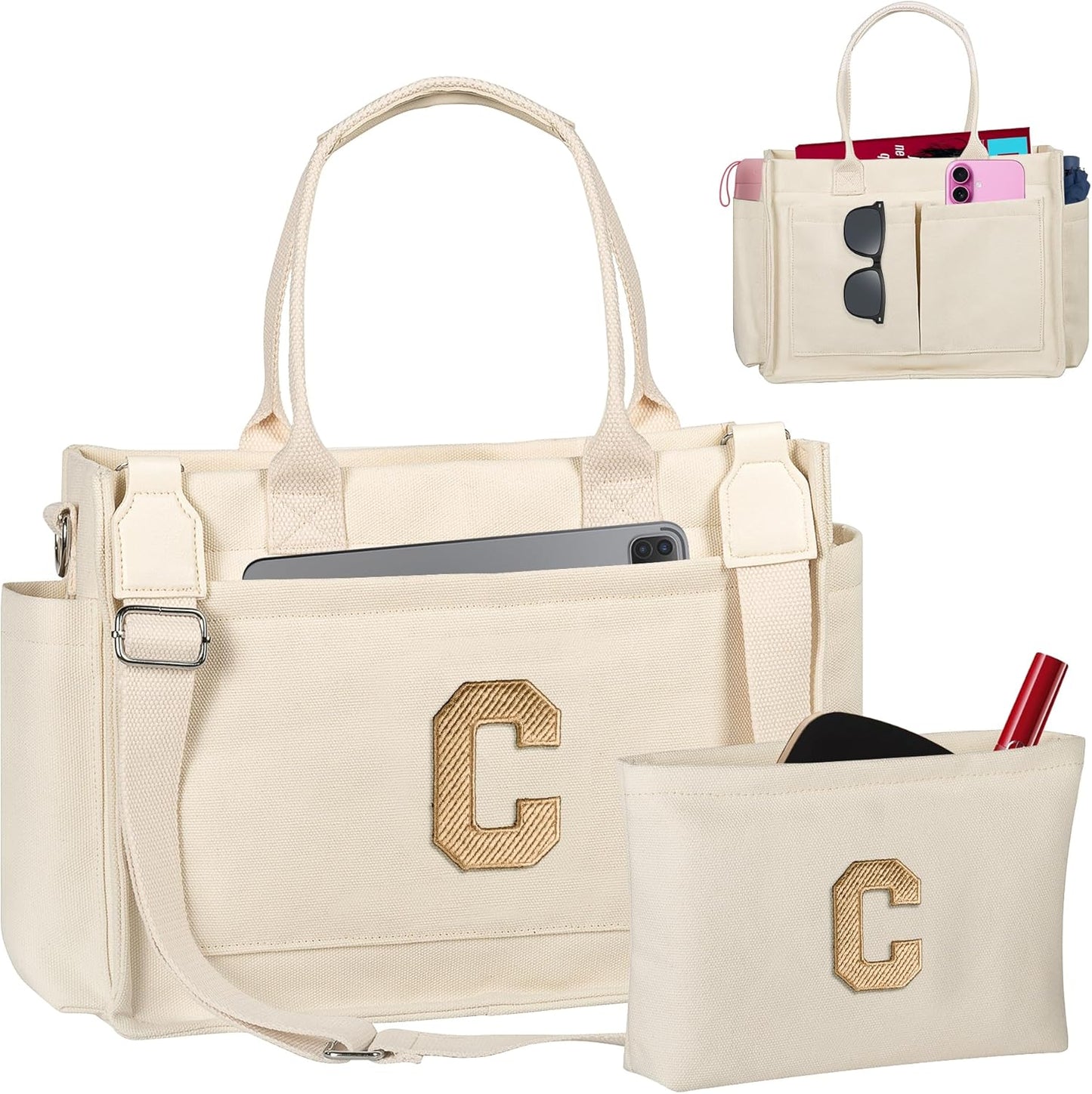 Gifts for Women Teen Girls, Initial Tote Bag with Zipper, Letter Canvas Tote Purse for College Work Laptop Beach