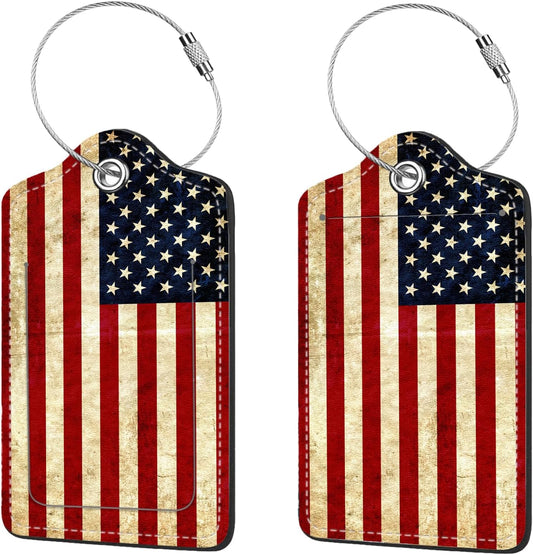 2 Pcs Luggage Tags for Suitcase, Cute Unique PU Leather Travel Bag Tag with Privacy Cover ID Label Address Card and Durable Metal Ring Suitable for Men Women Children Backpack,Flag