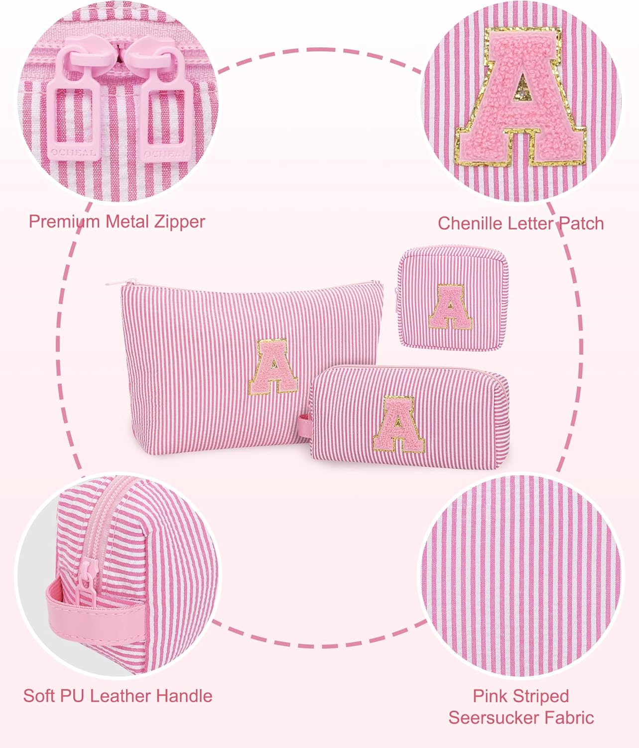 MONSTINA Personalized Initial Makeup Bagfor Women,Make Up Case for Girlfriend Bridesmaid Wife,Birthday Gift for Her Cute Toiletry Bag,3PCS,Pink B