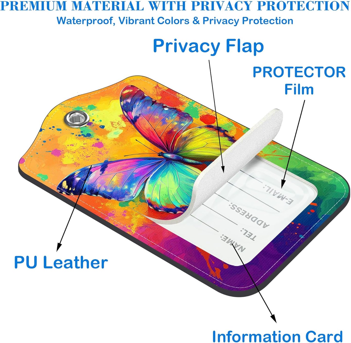2 Pcs Luggage Tags for Suitcases, Colorful Butterfly Leather Bag Tags for Luggage Privacy Cover Name ID Label with Stainless Steel Loop Cruise Airport Travel Essentials