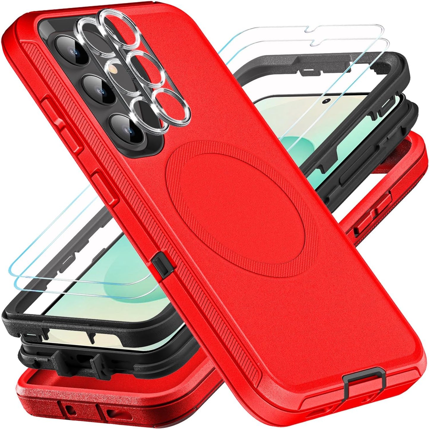 for Samsung Galaxy S25 Plus Case, Compatible with Magsafe, Military Grade 3 in 1 Heavy Duty Case with 2Pcs Tempered Glass Screen Protector & Camera Lens Protector (New-Red/Black)