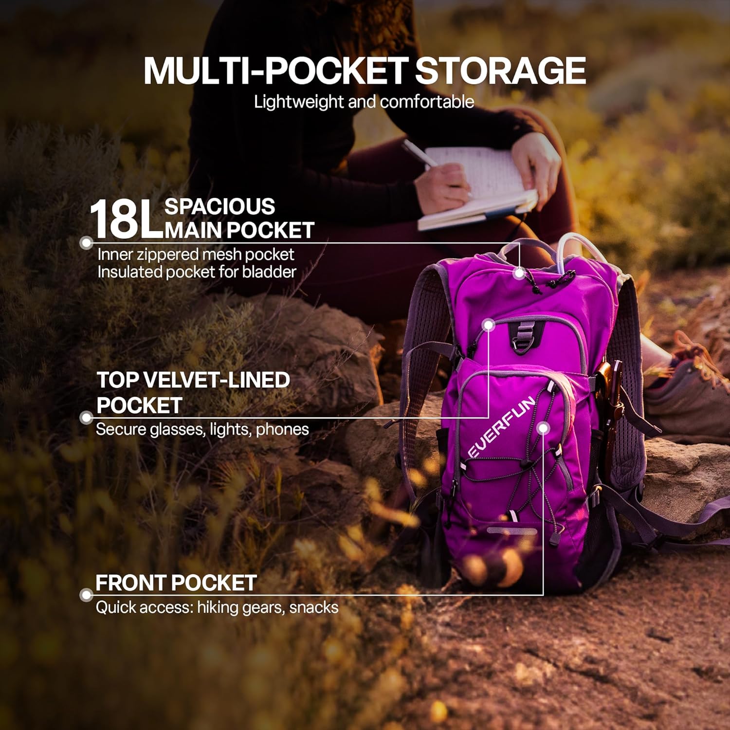 Everfun Hydration Backpack 18L with Water Bladder 2L/3L Hiking Water Backpack Women Men Hydration