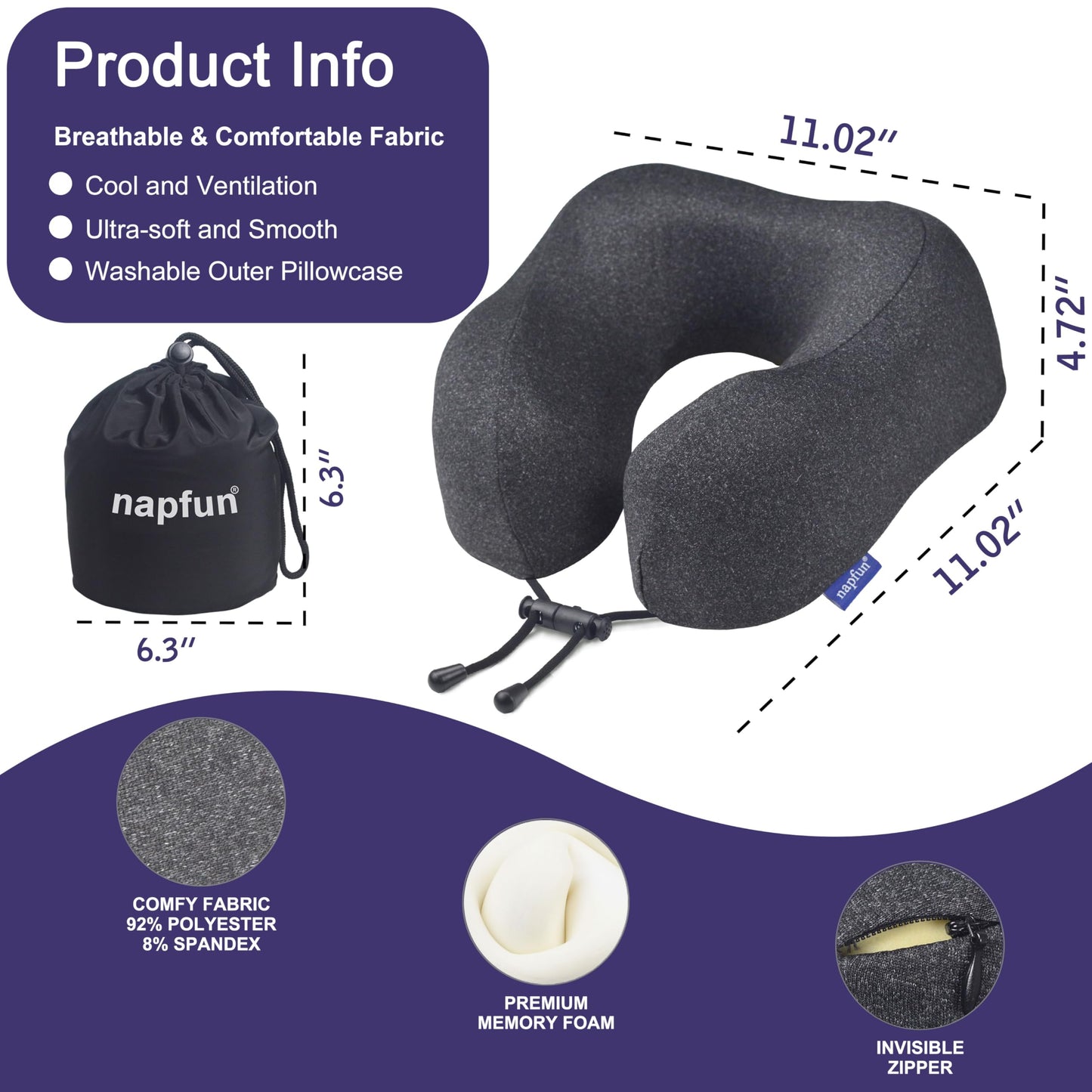 napfun Neck Pillow for Travel, Memory Foam Airplane Pillow, Full Black