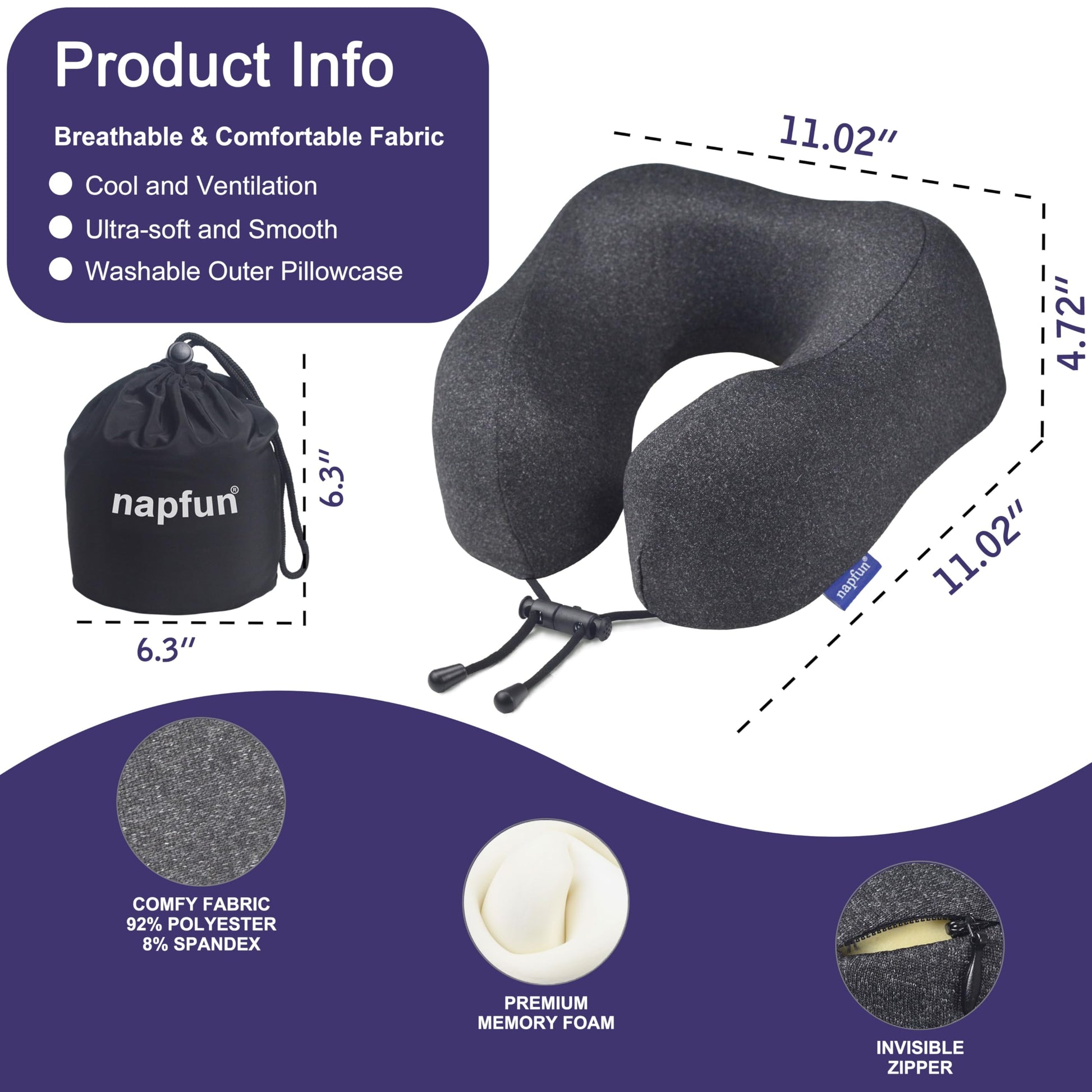 napfun Neck Pillow for Travel, Memory Foam Airplane Pillow, Full Black