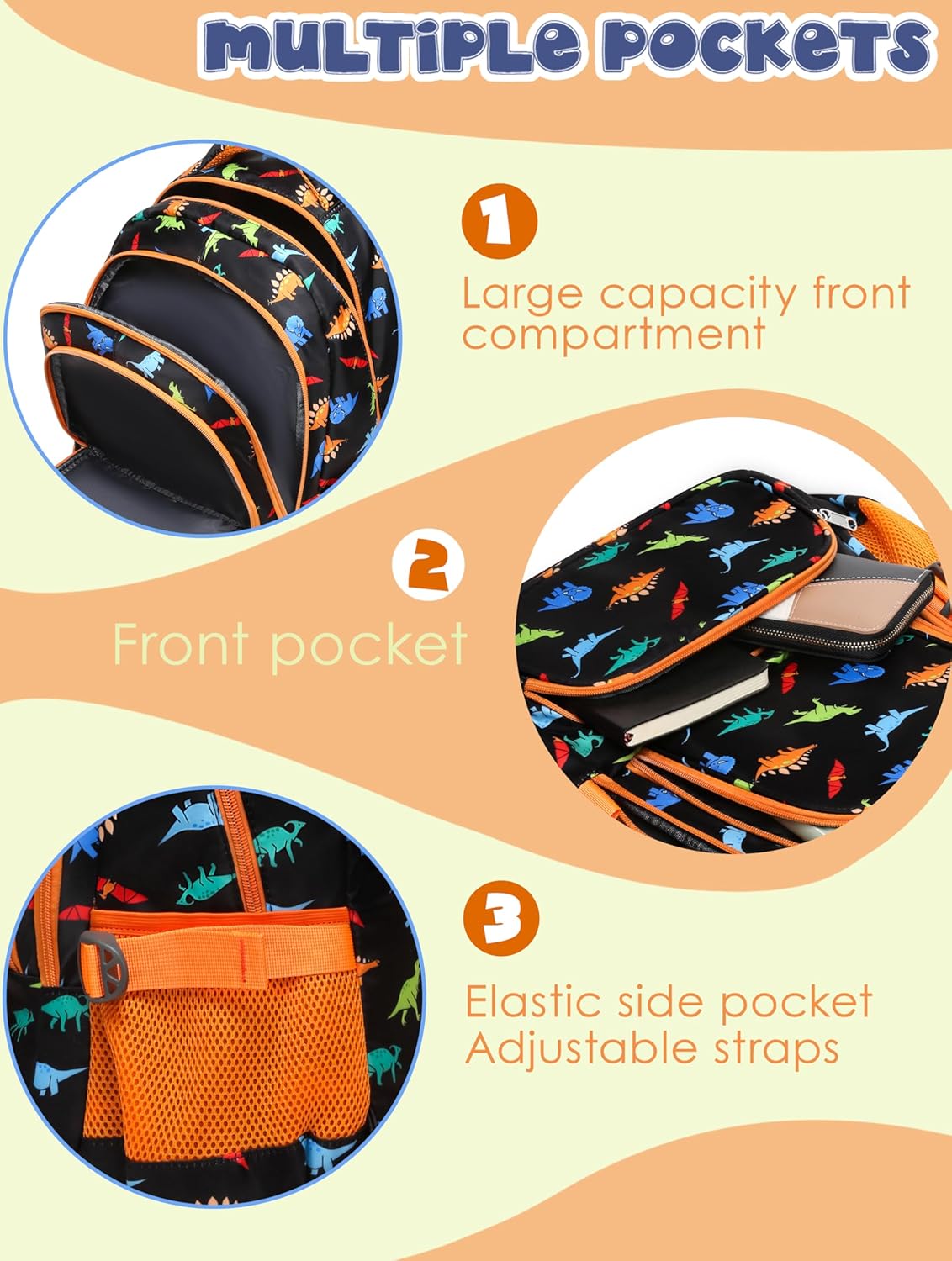 BLUEFAIRY Kids Backpacks for Boys Girls Elementary Primary Middle School Bookbags Back to School Bags for Childs Age 6-8 Mochilas Escolares para Niños Niñas 17 Inch Dinosaur Matte Black/Orange