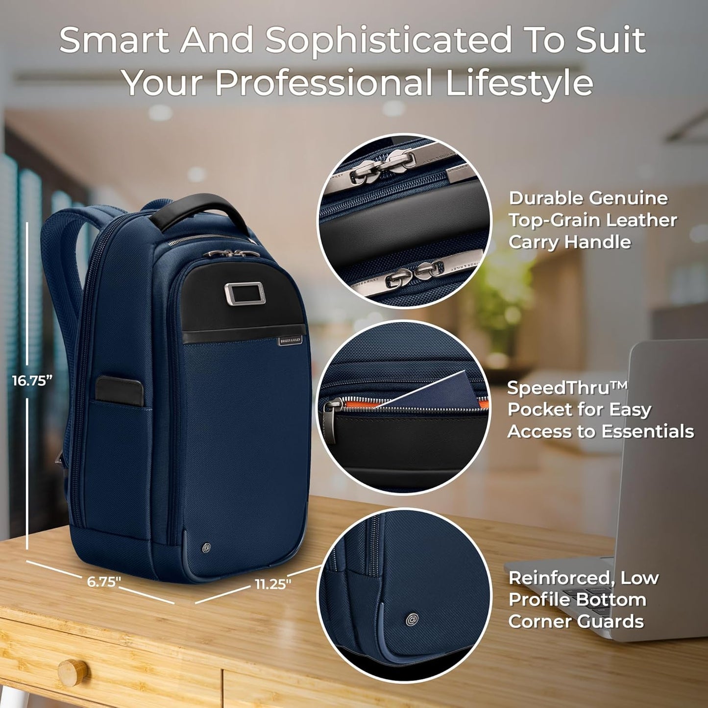 Briggs & Riley Slim Backpack for Women & Men - Laptop Backpack, For Work & Travel, Carry On Size, Lightweight & Durable, Padded Straps, Fits up to 14" Laptop - @work Collection, Navy