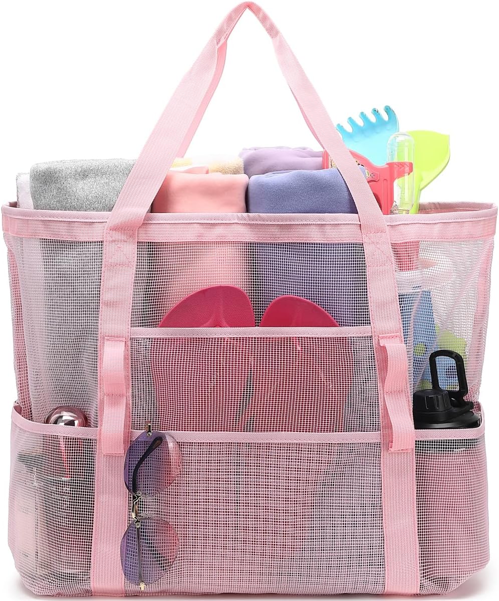 Mesh Beach Bag, Large Beach Tote with Zipper Pocket for Family Pool Bag for Toys & Vacation Essentials