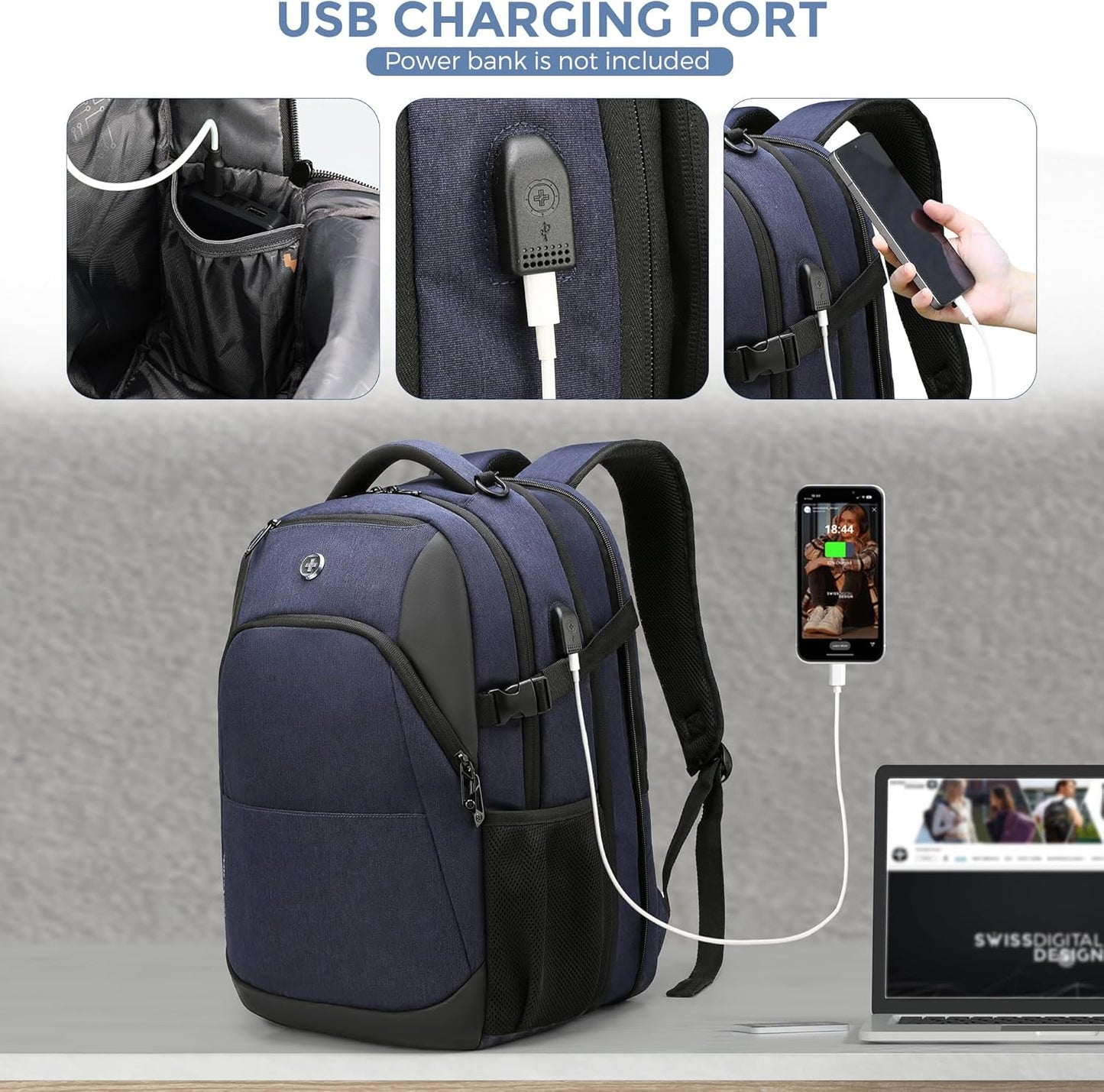 Swissdigital Design Travel Laptop Backpack for Men and Women, 35L Expandable Large Business Backpack with USB Charging Port for Fits 17 Inch Notebook, Blue | ANDWIL PRO