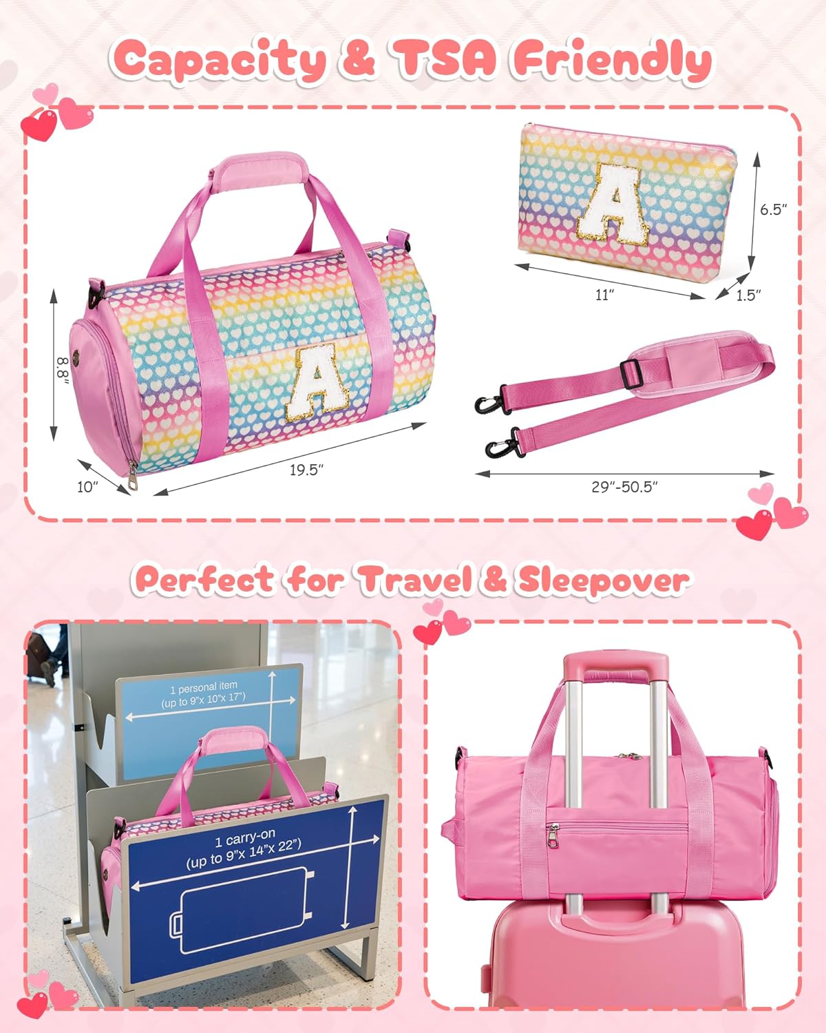 Gifts for 6 7 8 9 10 Year Old Girl, Girls Travel Duffel Bag, Kids Initial Overnight Bags with Shoe Compartment, Personalized Weekender Bag with Makeup Pouch, Trendy Stuff (Letter T)