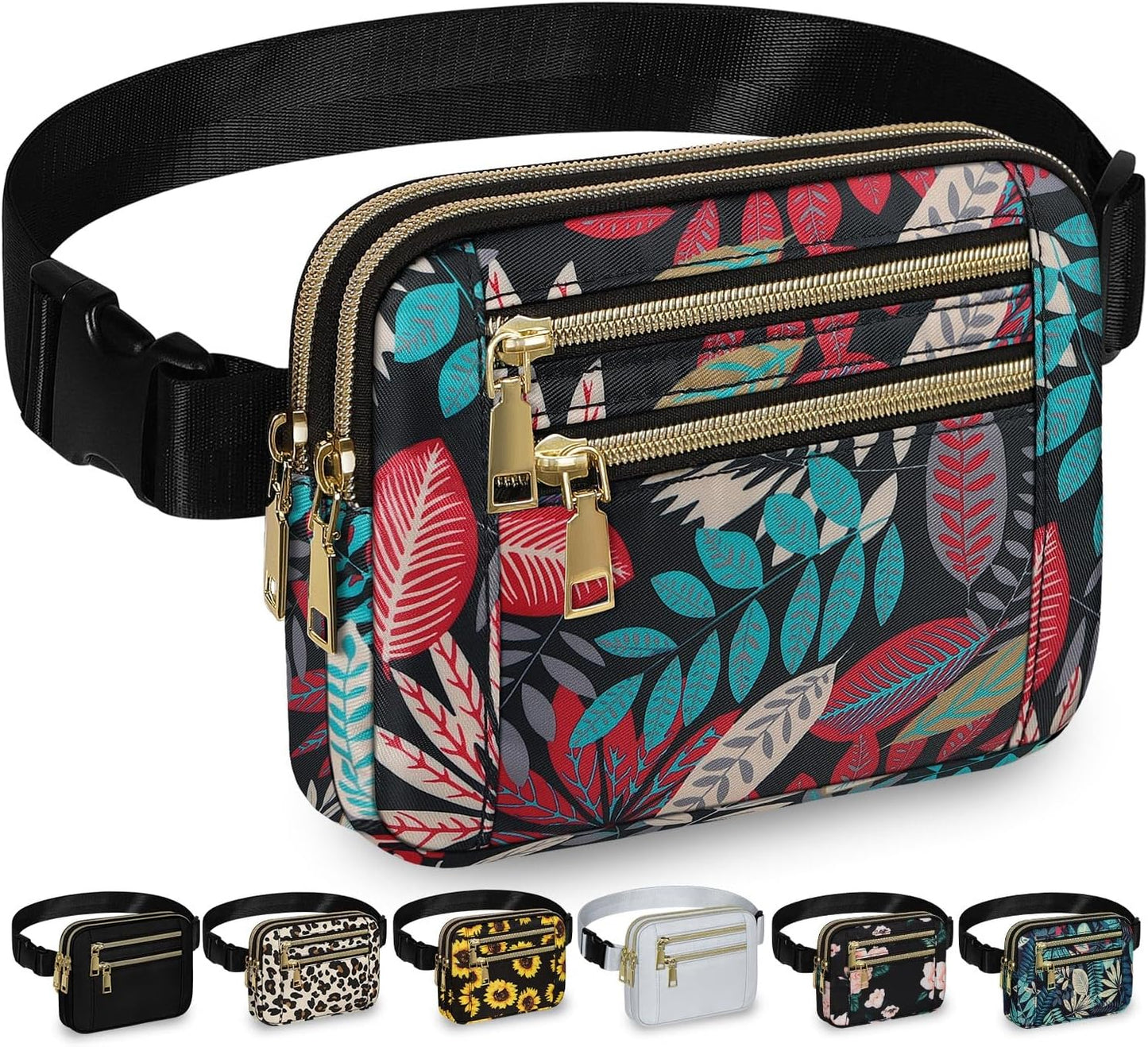 Capolo Fanny Packs for Women Fashion Waist Packs Bag with Adjustable Strap and 4 Zipper Pockets Waterproof Everywhere Crossbody Belt Bag for Workout Running Travelling(Red Leaves)