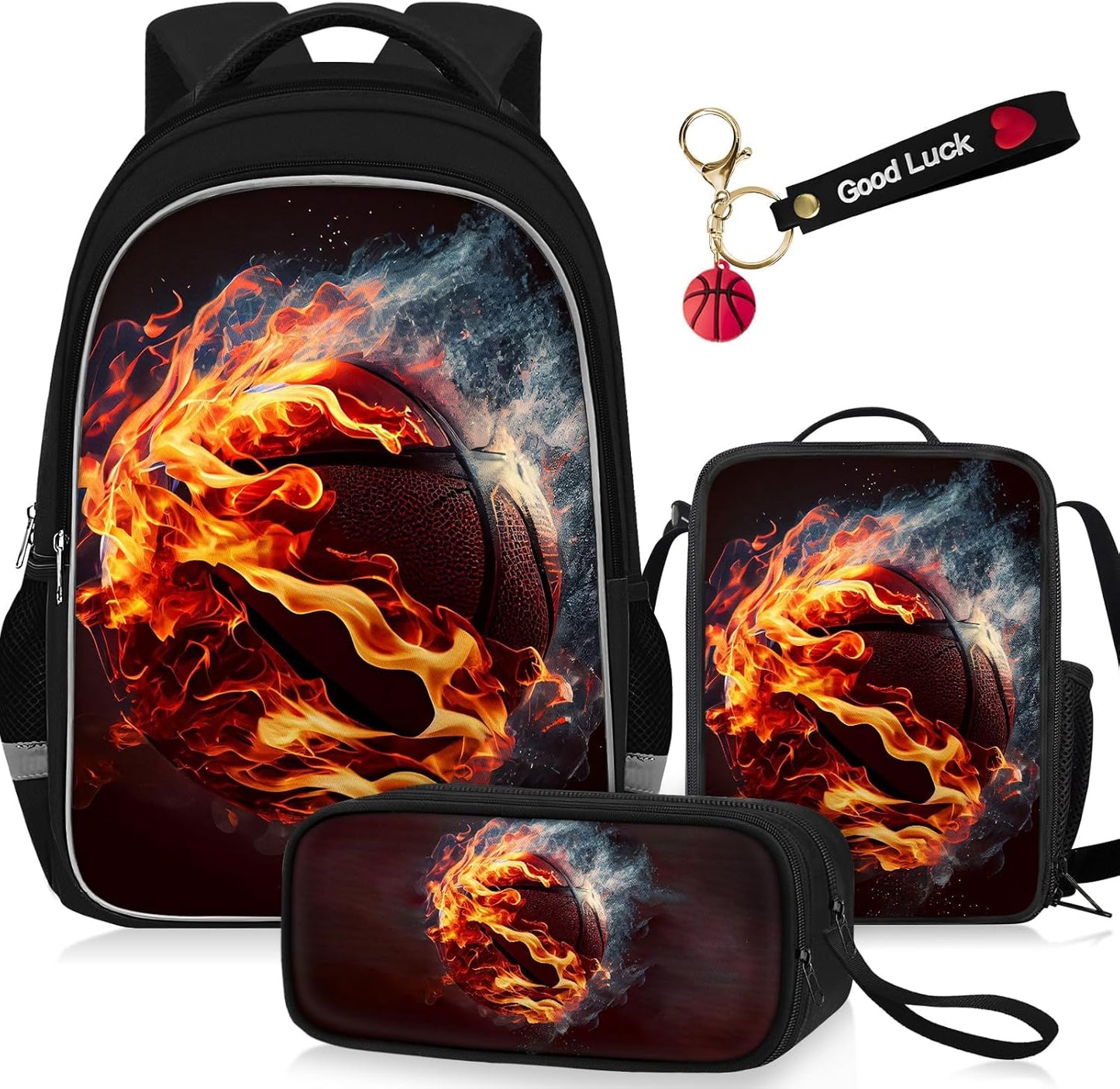 School Backpack for Boys - 4pcs Basketball Boys Backpack with Lunch Box and Pencil Case for Kids Children Teens Elementary Middle School - Students Bag for Ages 6-18,17″Bookbag Travel Back Pack