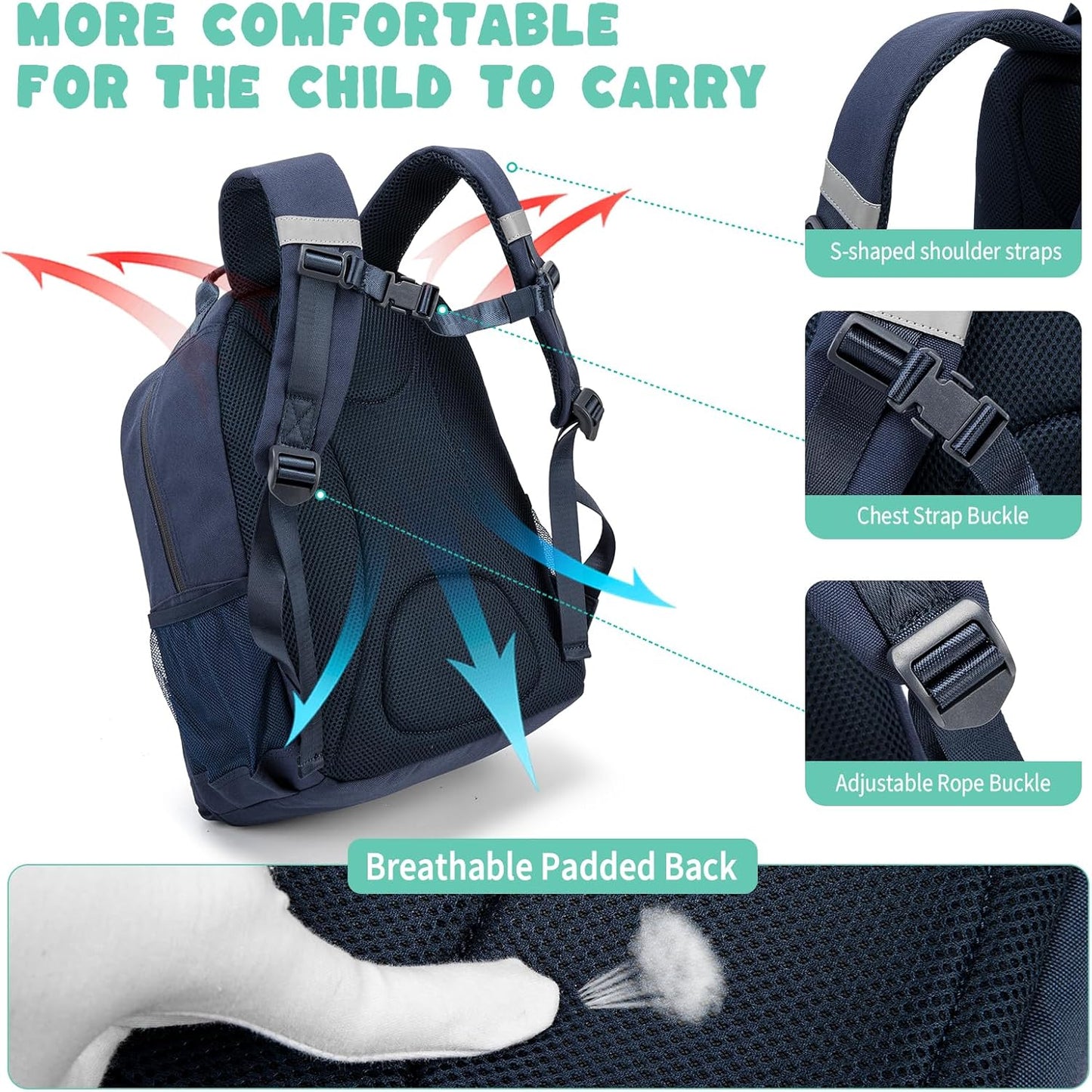 NOL Natural Organic Lifestyle Kids Backpack, School Backpacks for Teens Girls Boys, School Bookbag with Pencil Bag & Reflective Stripe for Elementary School - Navy blue