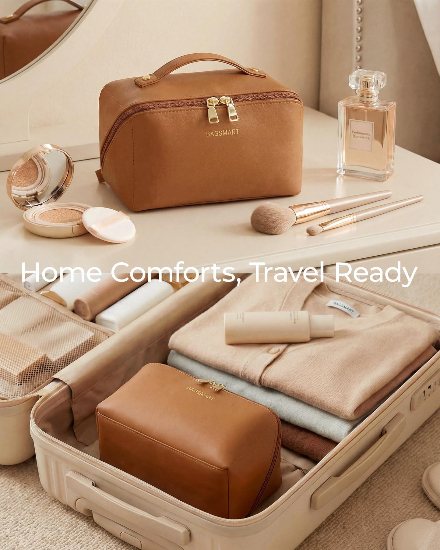 BAGSMART Makeup Bag Travel Cosmetic Bag,Women Toiletry Case, Classic Brown
