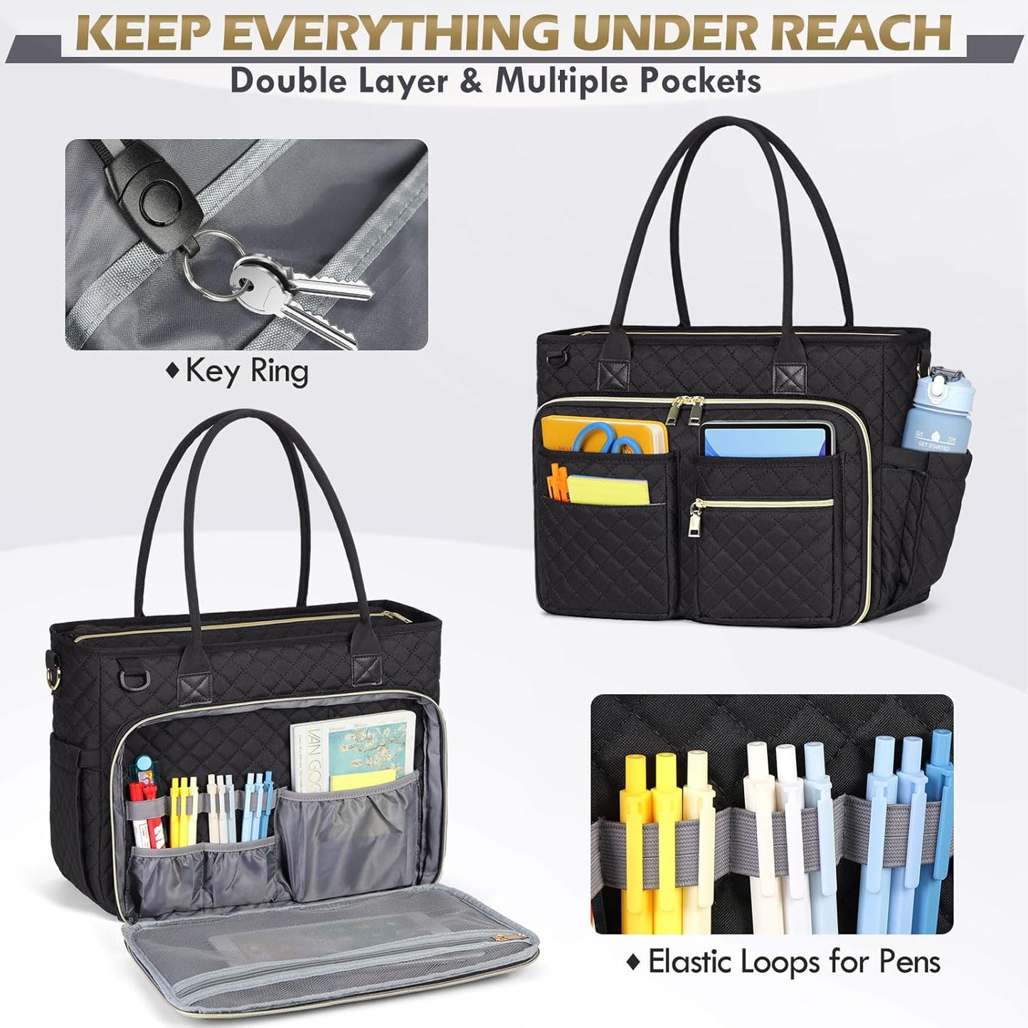 RAINSMORE Teacher Tote Bag 17.3 inch Laptop Bag for Women Work Laptop Tote Nurse Bag Professional Computer Messenger with Insulated Pocket Briefcase for Office, College, Nursing, Black