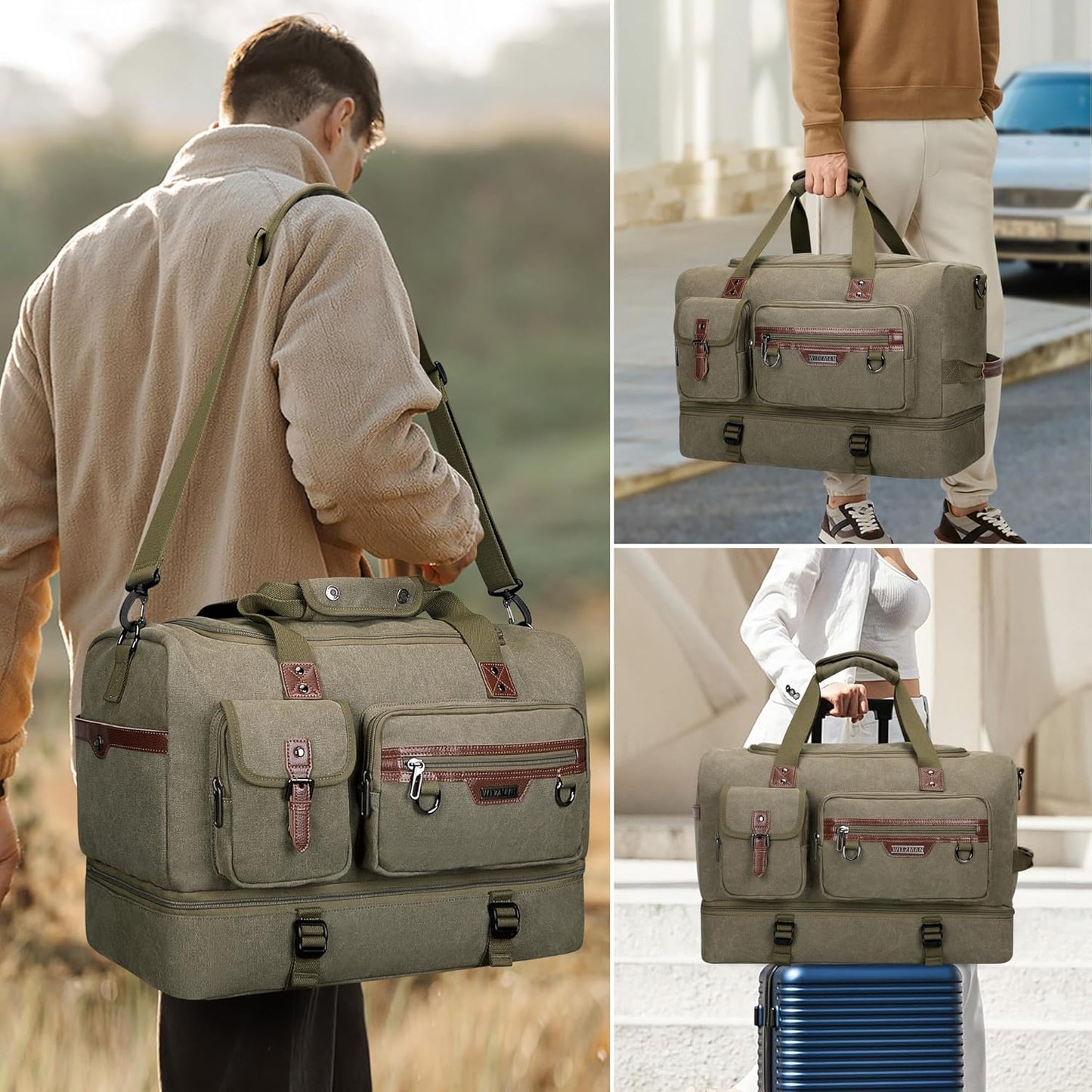 WITZMAN Canvas Weekender Bag Mens Overnight Bag for Traveling Carry on Duffle Bags with Shoes Compartment(A8010 Army Green)