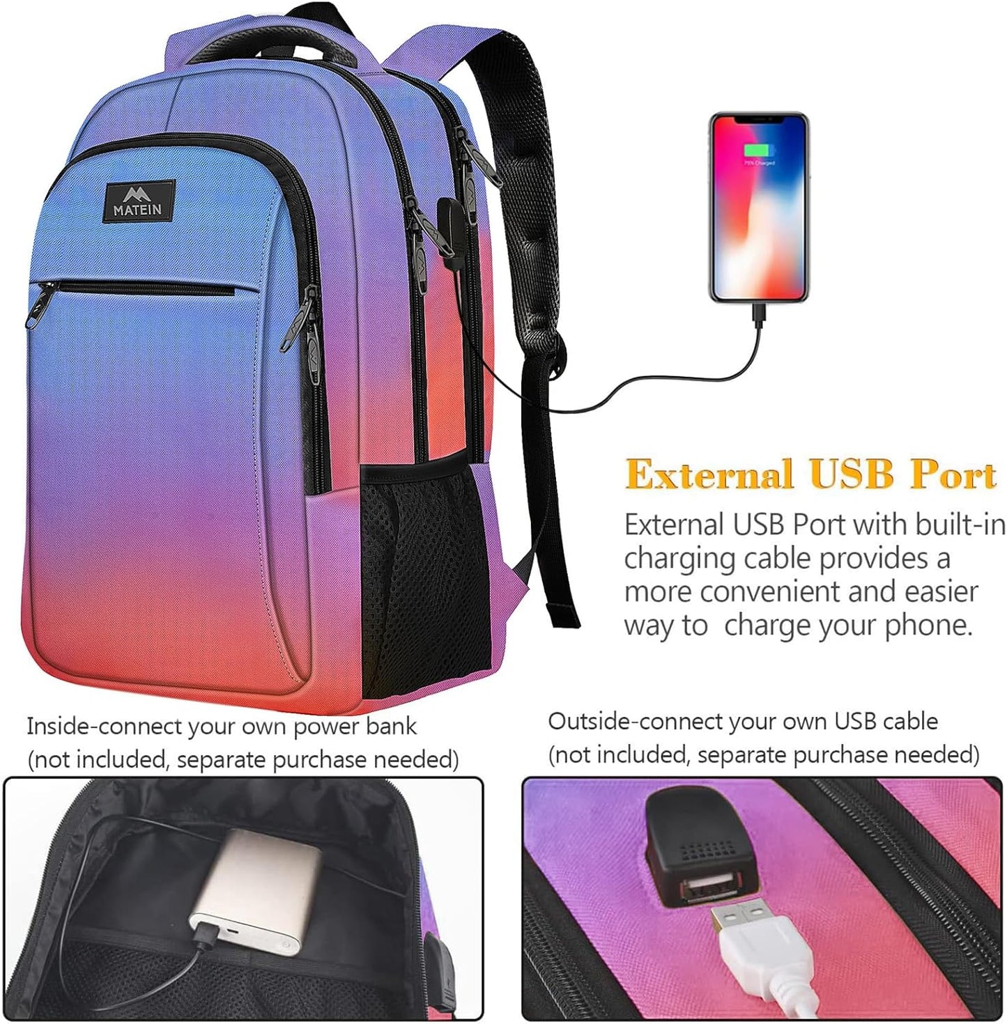 MATEIN Fashion Laptop Backpack, Slim Sturdy Travel Laptops Backpack with USB Charging Port, Anti Theft Water Resistant College Computer Bag Gift for Men & Women Fits 15.6 Inch Notebook
