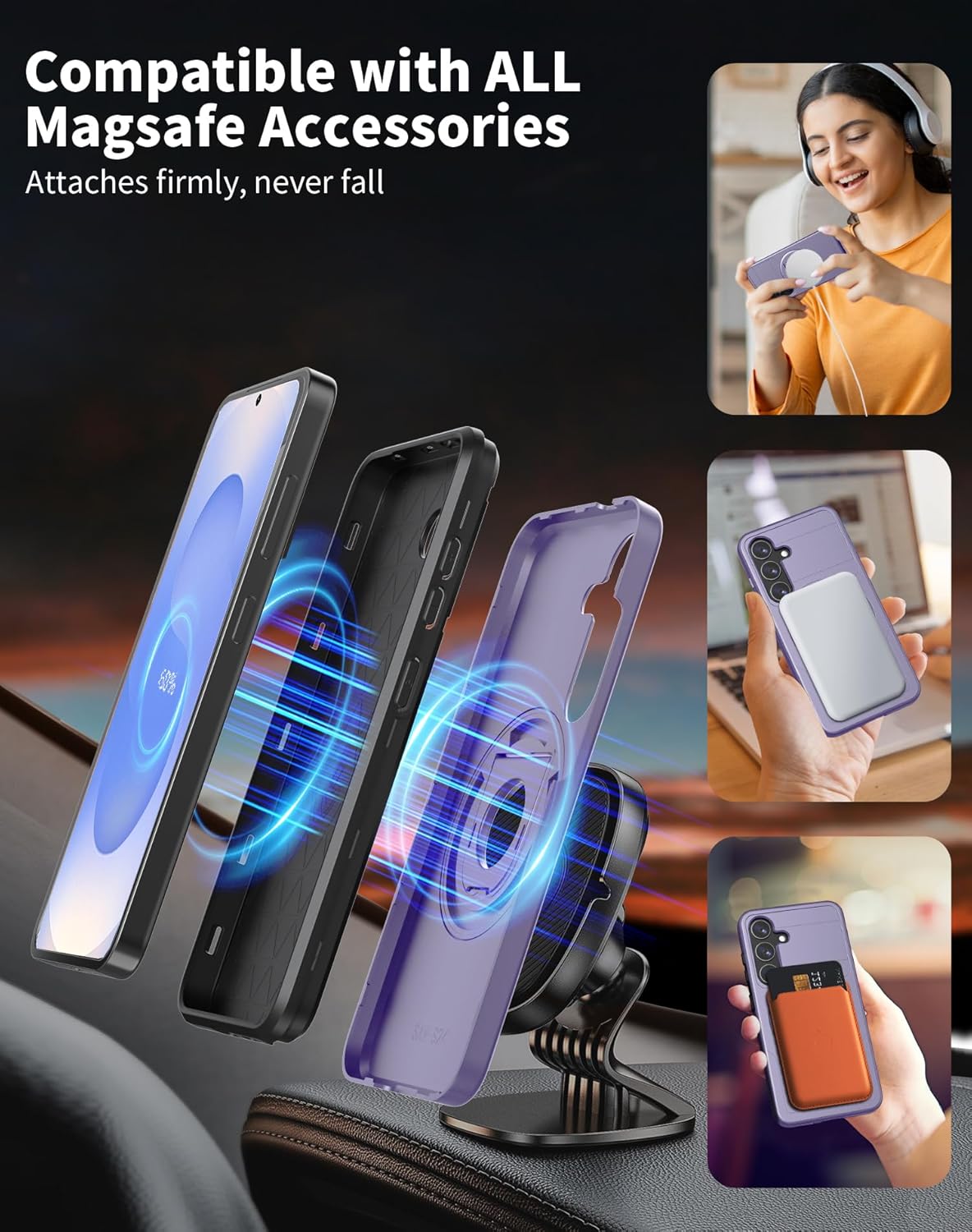 for Samsung Galaxy S25 Case Magnetic Compatible with MagSafe Wireless Charging,with Screen Protector,for S25Phone Case with Kickstand Ring Anti-Scratch Shockproof Heavy Duty Protection Purple