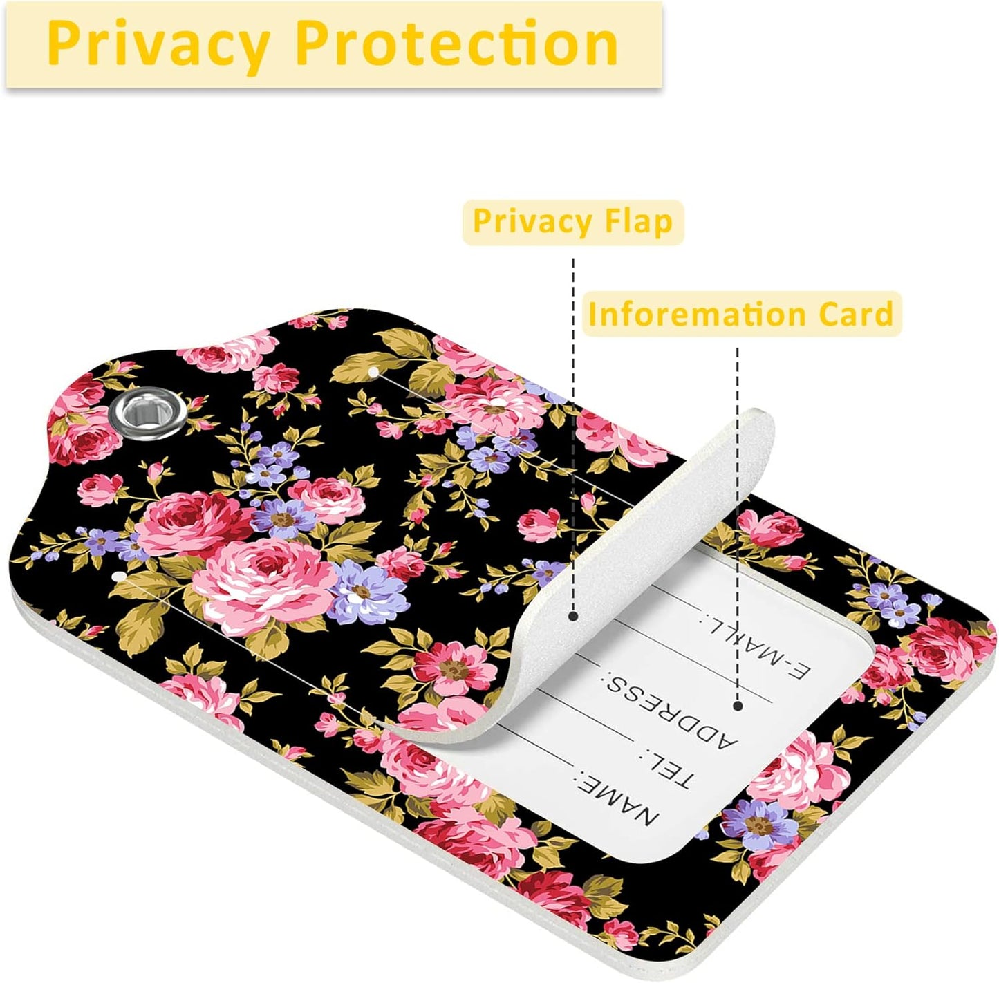 Luggage Tags for Suitcase,2 Pack Rose Flower Luggage Tag with Privacy Flap,Name ID Label and Metal Loop for Women Men Girls Baggage Bag Backpack Instrument
