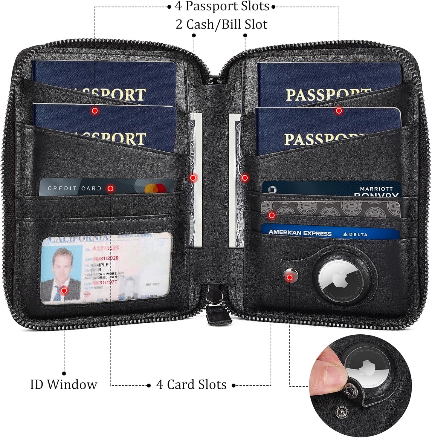 Polare Napa Leather Family Passport Wallet for 4 Passports, RFID Blocking Bifold Passport Cover Travel Document Organizer Holder (Black with AirTag Slot)