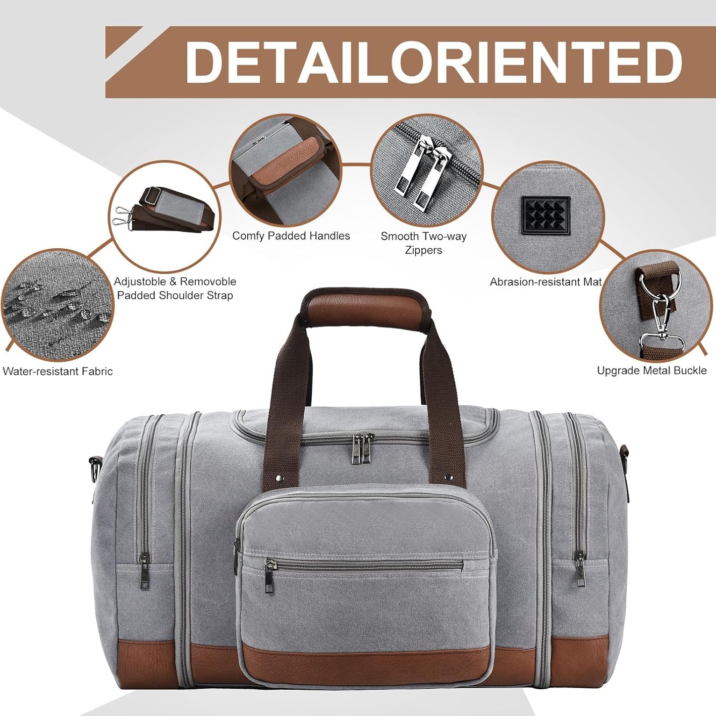 Litvyak Duffle Bag for Travel, 50L Canvas Travel Duffel Bags Overnight Weekend Gym Carry On Luggage Bag for Men & Women(Grey+Toiletry Bag)
