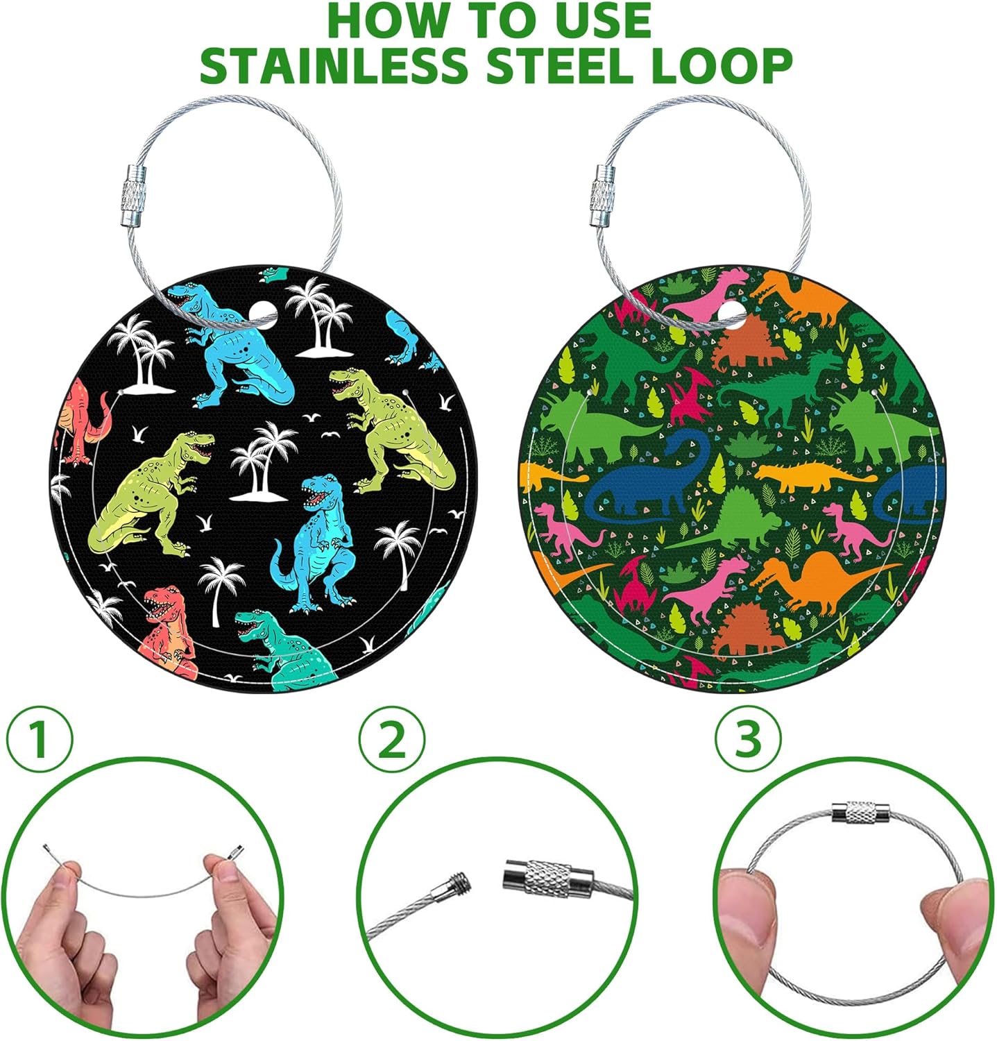 Round Cute Luggage Tags 2 Pack Colored Dinosaur Creative Baggage Tags,Cruise Travel Baggage Suitcases Tag with Stainless Steel Loop ID Tag Privacy Flap