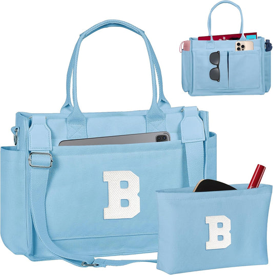 Gifts for Women Teen Girls, Initial Tote Bag with Zipper, Letter Canvas Tote Purse for College Work Laptop Beach