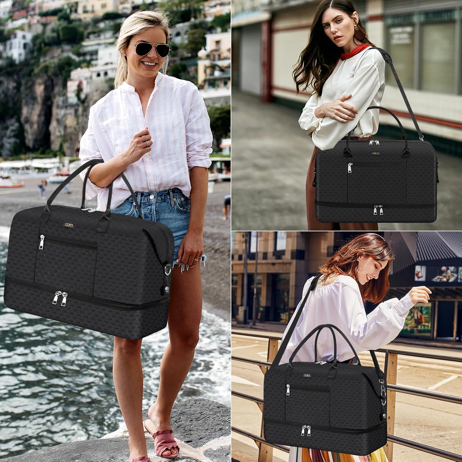 Weekender Bag for Women, Travel Duffel Bag Carry On Overnight Bag with Shoe Compartment Large Nylon