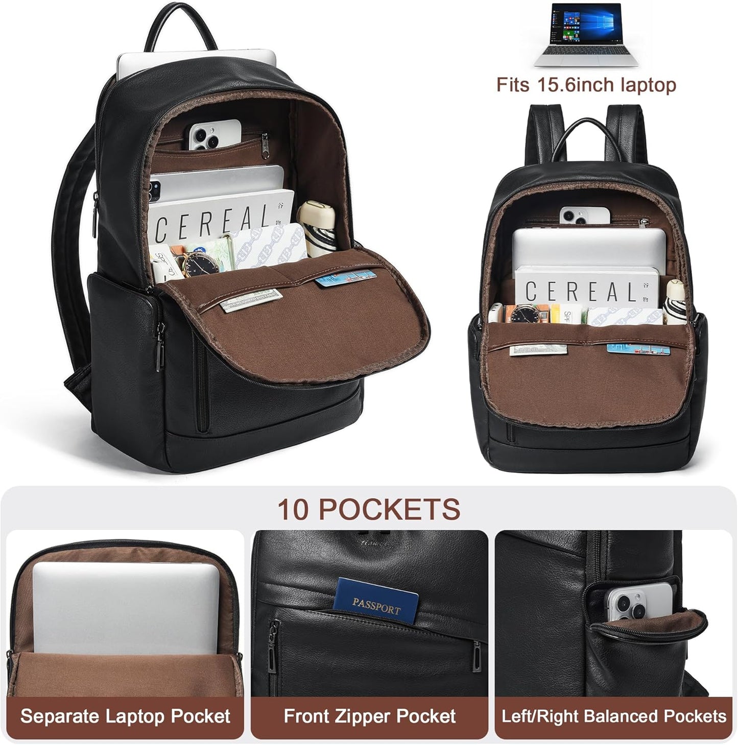 Computer Backpack for Women Soft Leather Back pack with 15.6 inch Laptop Compartment, Fashion Ladies Travel Backpack, Black