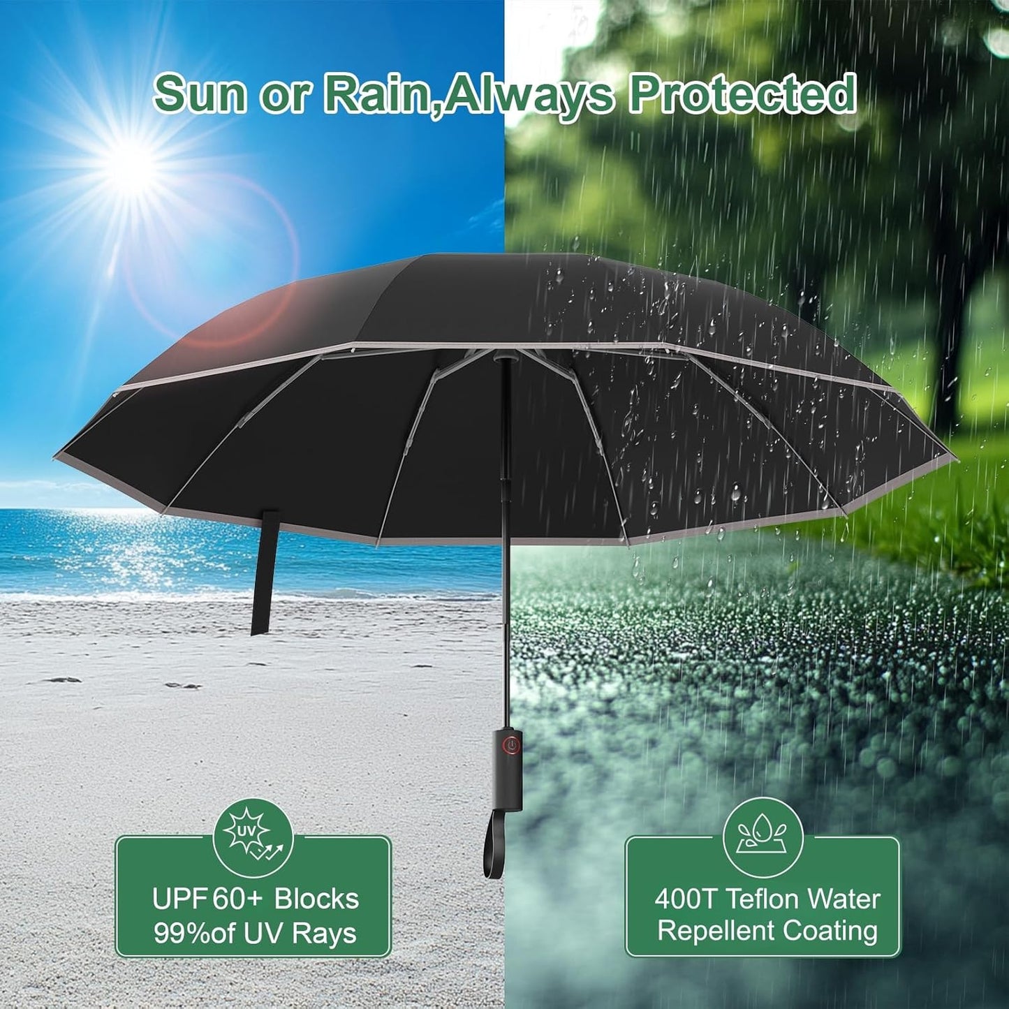 4-in-1 Inverted Travel Umbrella Compact, Automatic Large Umbrellas for Rain & Sun, Portable Windproof Umbrella for Backpack, Reverse Folding Umbrella for UV with Reflective Strips,Lightweight, Black