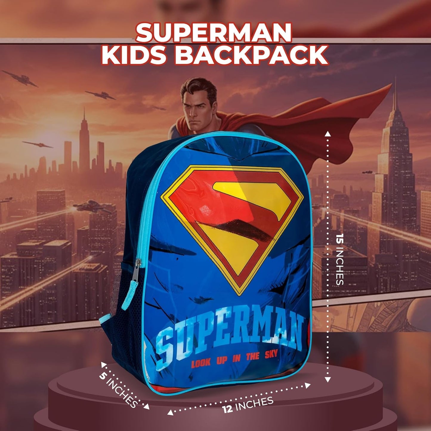 AI ACCESSORY INNOVATIONS Superman Backpack, 15" Superhero School Bag for Boys, Blue