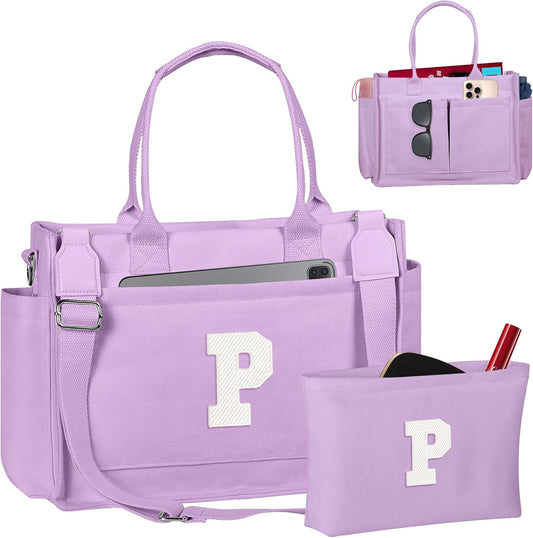 Gifts for Women Teen Girls, Initial Tote Bag with Zipper, Letter Canvas Tote Purse for College Work Laptop Beach