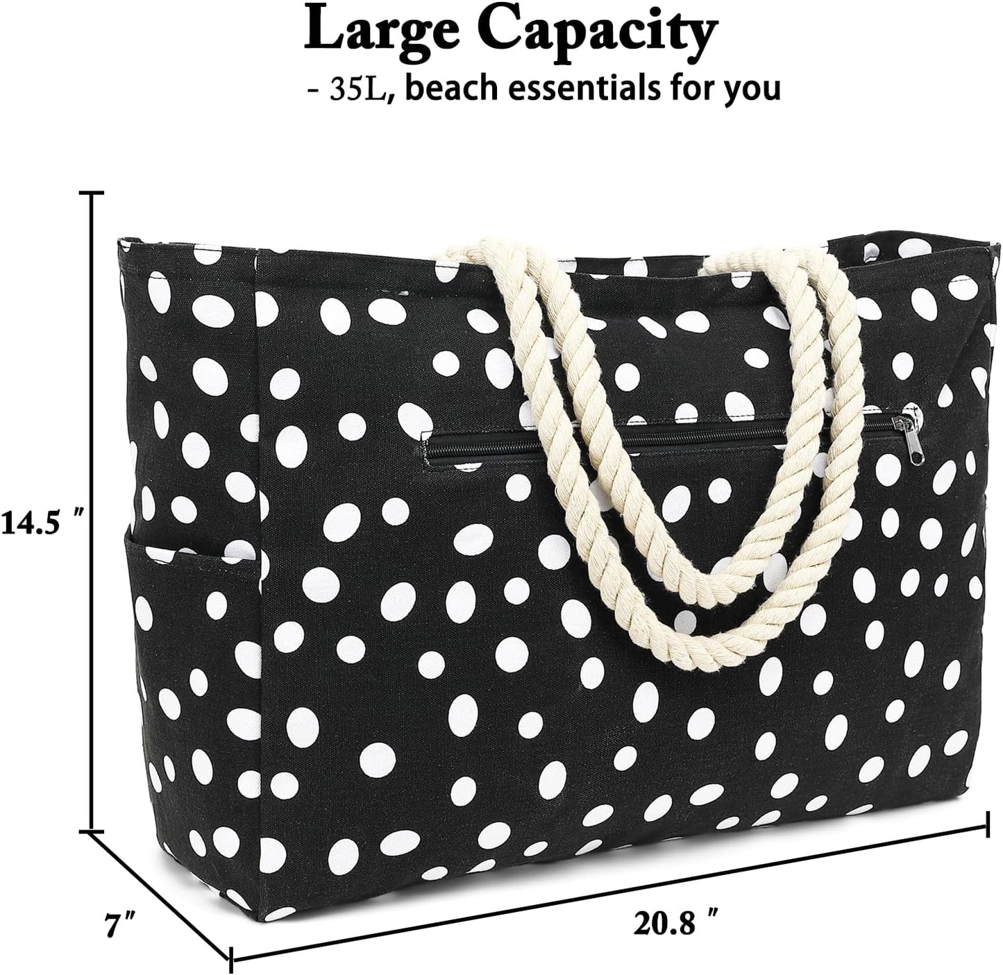 Large Beach Bag for Women, Waterproof Travel Tote Bag with Lunch/Wet Pocket for Weekender, Sandproof, Zipper Closure
