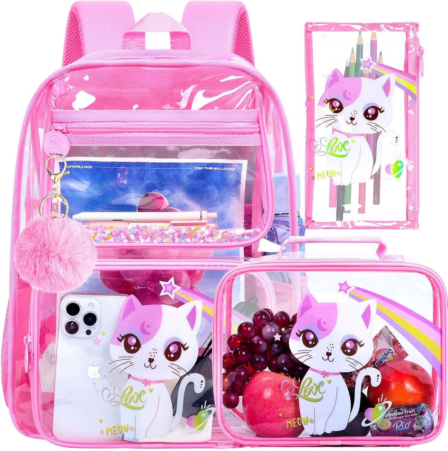UFNDC 3PCS Clear Backpack for Girls and Boys, Unicorn Cat Transparent Bookbag, See Through School Bag for Kids Elementary