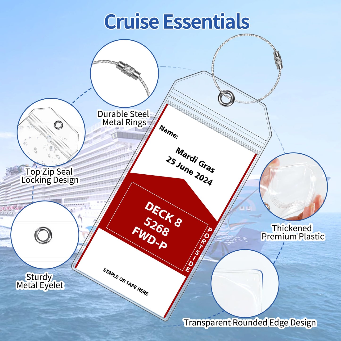 6 Pack Luggage Tags Travel Essentials & Cruise Essentials for NCL, Princess, Carnival, Royal