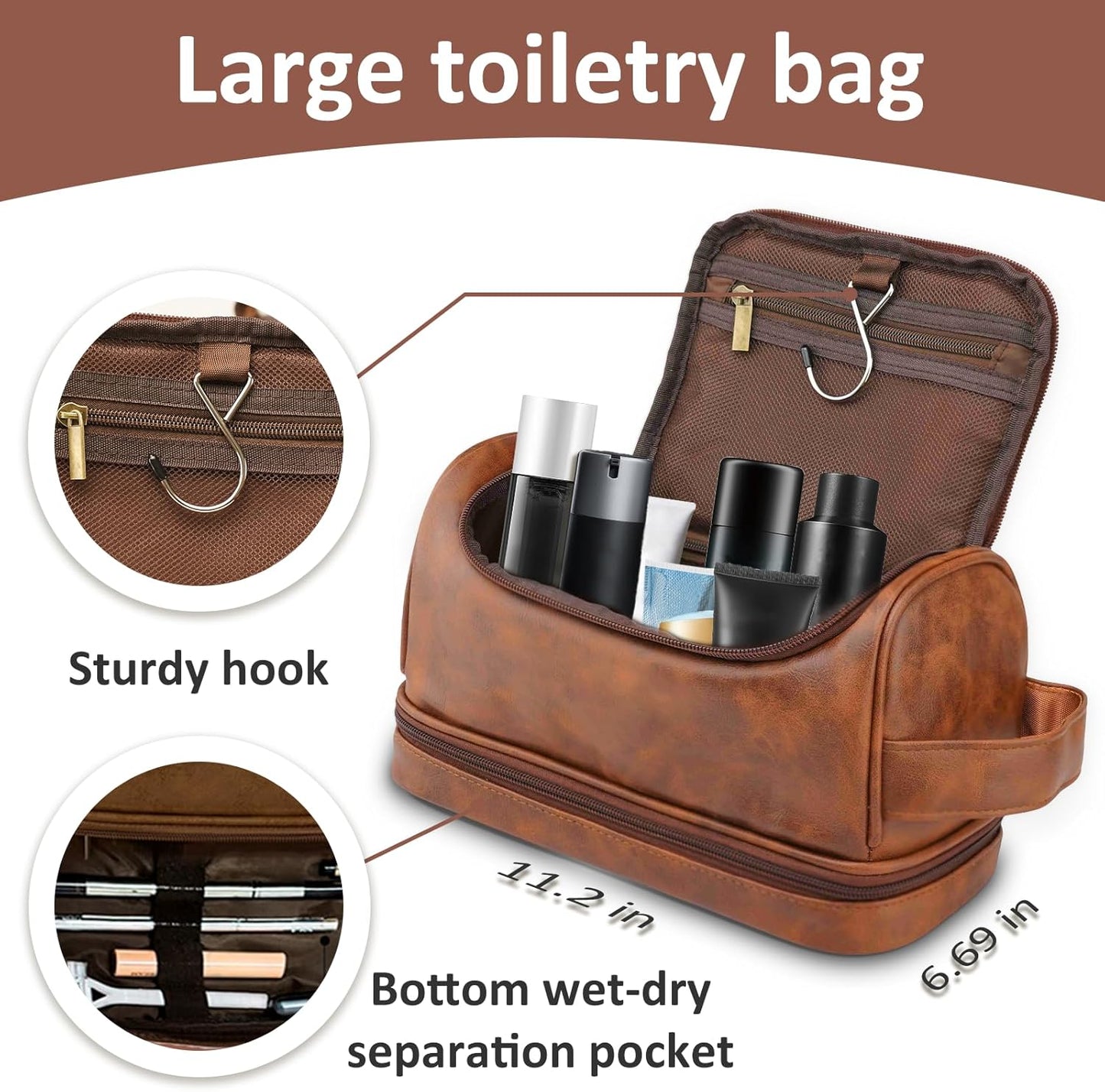 Personalized Leather Toiletry Bag for Men, Custom Gifts for Men Him, Engraved Monogrammed Travel Bag, Birthday Gifts forBoyfirends, Groomsmen, Dad, Son Husband Father's Day, Wedding, Anniversay