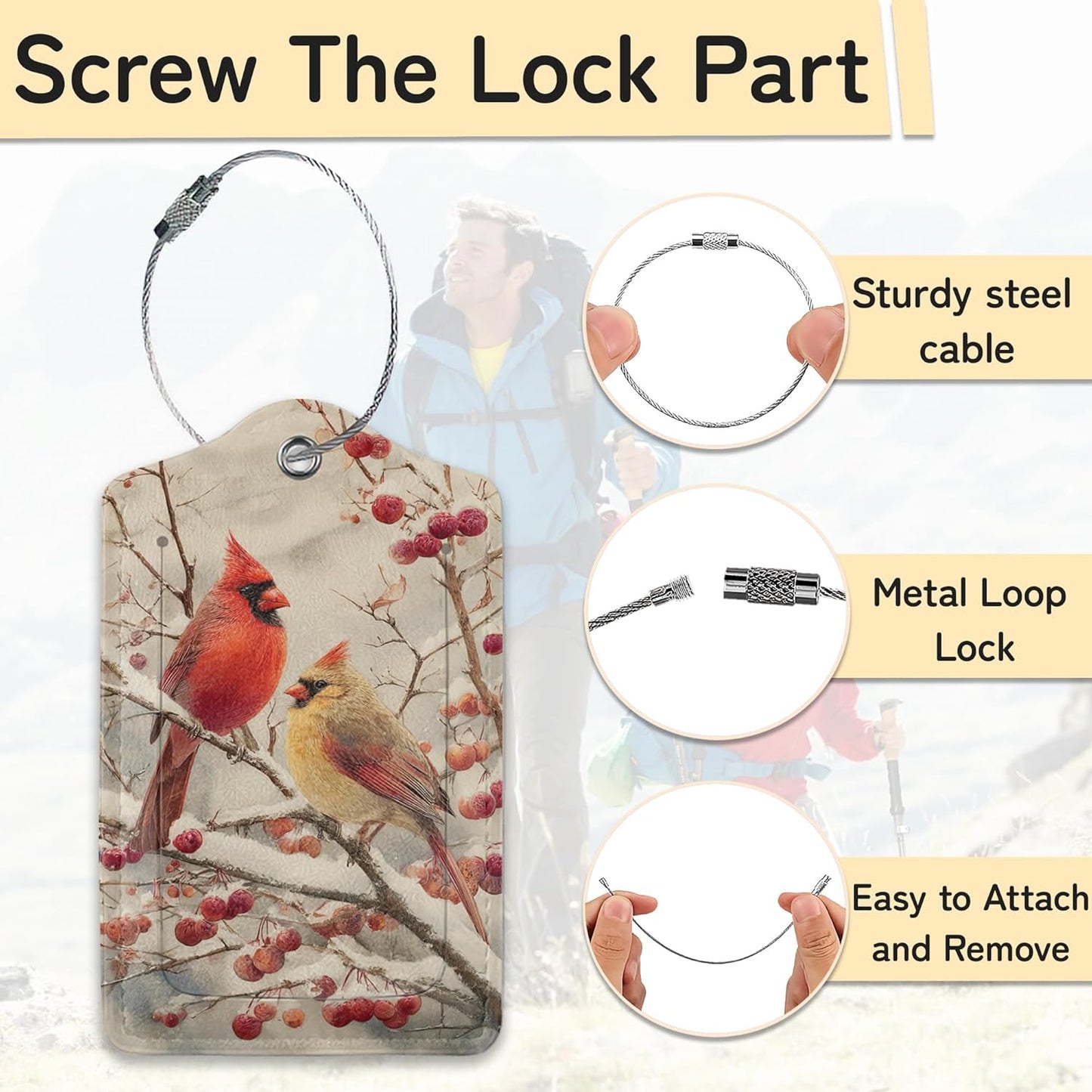 3 Pack PU Red Cardinal Birds Leahter Luggage Tag with Stainless Steel Loop,Travel Suitcase Labels with Privacy Cover ID Label Quickly Spot for Bags